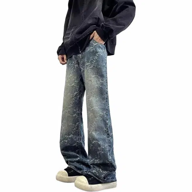 沃马 美式高街水洗做旧舒适亲肤透气牛仔裤 男女同款 蓝色