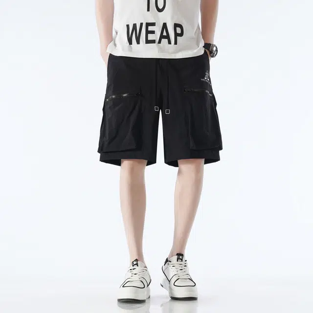 稻草人 美式高街复古基础款简约品牌字母印花图案宽松休闲口袋设计流行百搭舒适工装短裤 男女同款