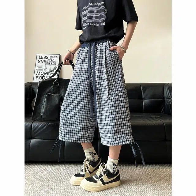 臣目 美式复古蓝色格子七分裤男夏季宽松慵懒风休闲短裤直筒阔腿裤短裤 男款