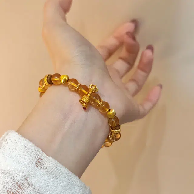 金杰福 五行招财冰裂鱼子纹佛塔宝石天然 黄水晶 手串 女款