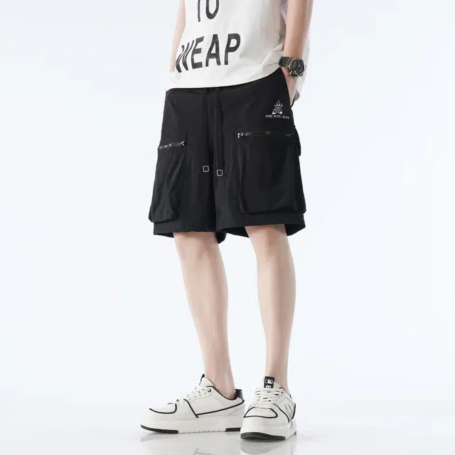 稻草人 美式高街复古基础款简约品牌字母印花图案宽松休闲口袋设计流行百搭舒适工装短裤 男女同款