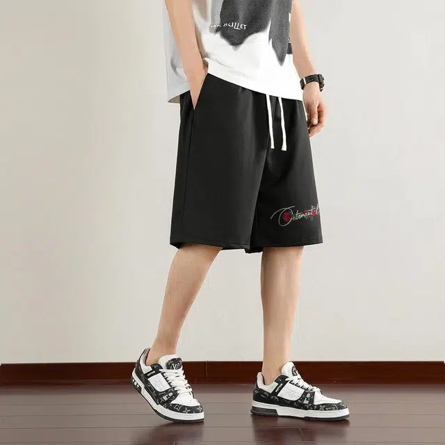 海底小纵队 美式高街复古风穿搭玫瑰手绘字母印花夏季薄款垂感系带中腰直筒宽松时尚百搭通勤运动吸汗纯色户外基础休闲短裤 男女同款