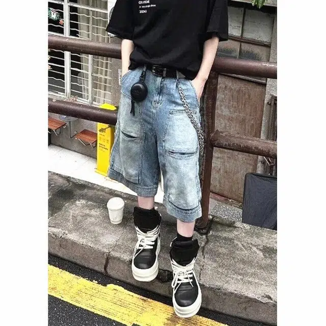 沃马 美式高街宽松时尚百搭简约潮流牛仔短裤 男女同款 蓝色