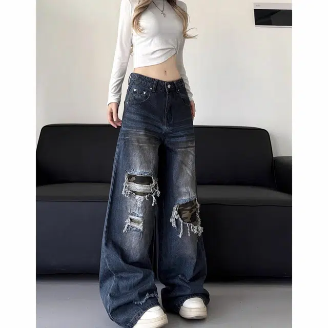 沃马 美式高街破洞痞帅复古重工水洗做旧流行牛仔裤 男女同款 蓝色