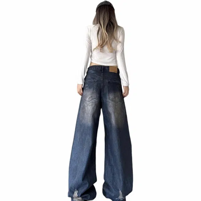 沃马 美式高街破洞痞帅复古重工水洗做旧流行牛仔裤 男女同款 蓝色