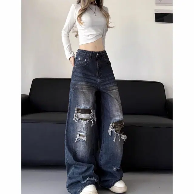 沃马 美式高街破洞痞帅复古重工水洗做旧流行牛仔裤 男女同款 蓝色