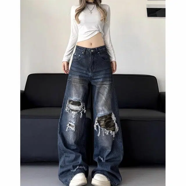 沃马 美式高街破洞痞帅复古重工水洗做旧流行牛仔裤 男女同款 蓝色