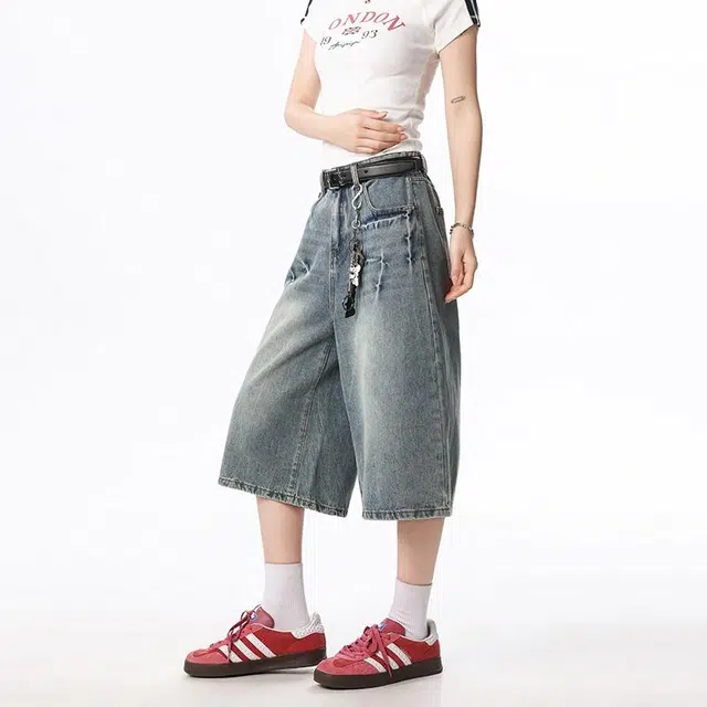 帝狼牛 美式闪电纹宽松舒适百搭七分牛仔短裤 男女同款 蓝色