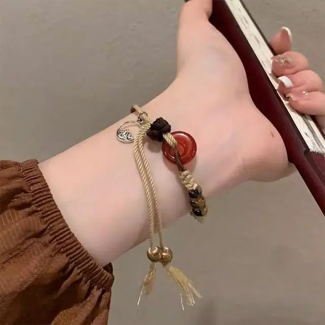 玄唐 琥珀色平安扣女复古民族风新中式手工编织 小众设计感不规则#好运 合金 手绳 女款