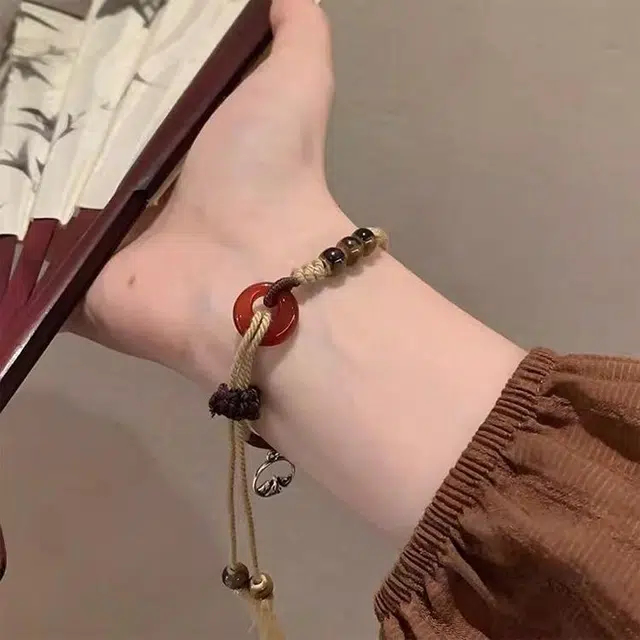 玄唐 琥珀色平安扣女复古民族风新中式手工编织 小众设计感不规则#好运 合金 手绳 女款