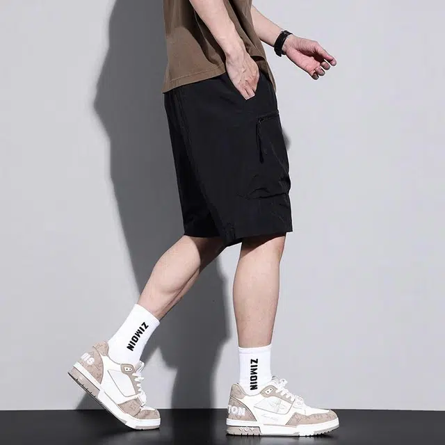 华夏儿女 美式复古潮流舒适时尚简约中腰宽松纯色系带适中五分休闲短裤 男女同款
