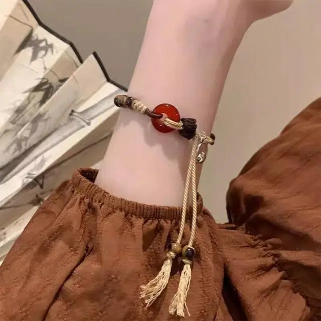 玄唐 琥珀色平安扣女复古民族风新中式手工编织 小众设计感不规则#好运 合金 手绳 女款