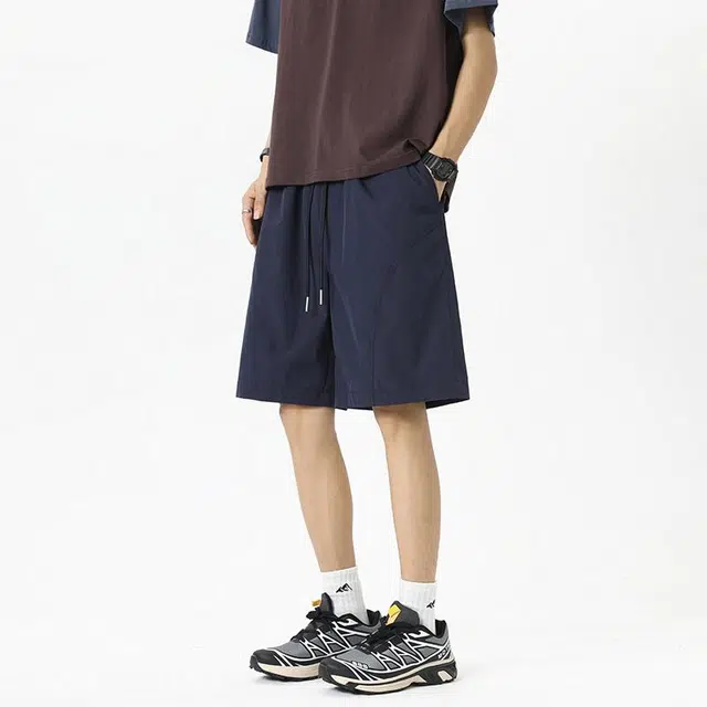 宝米卡 美式高街复古运动五分跑步宽松纯色系带休闲短裤 男女同款 藏青色