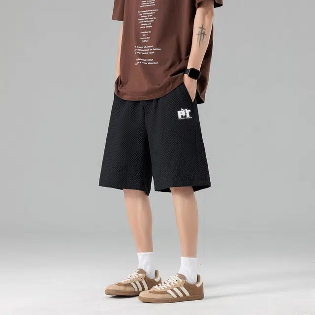黑恐龙 潮牌复古泡泡格宽松百搭柔软透气垂感直筒五分休闲短裤 男女同款