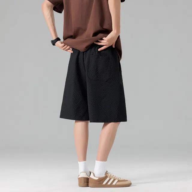 黑恐龙 潮牌复古泡泡格宽松百搭柔软透气垂感直筒五分休闲短裤 男女同款