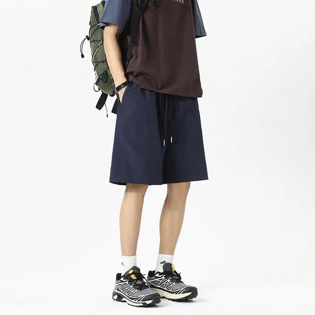 宝米卡 美式高街复古运动五分跑步宽松纯色系带休闲短裤 男女同款 藏青色