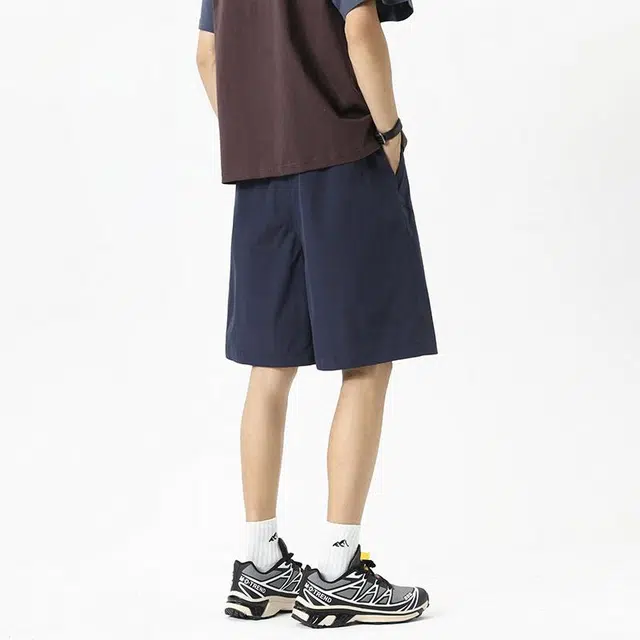 宝米卡 美式高街复古运动五分跑步宽松纯色系带休闲短裤 男女同款 藏青色