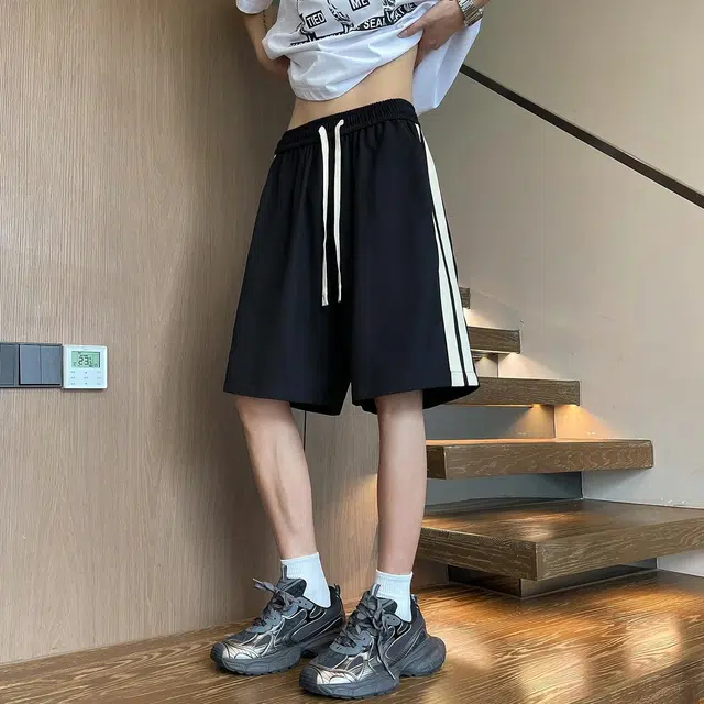 徐太浪 美式高街条纹撞色设计感运动潮牌宽松百搭中裤五分裤休闲短裤 男女同款