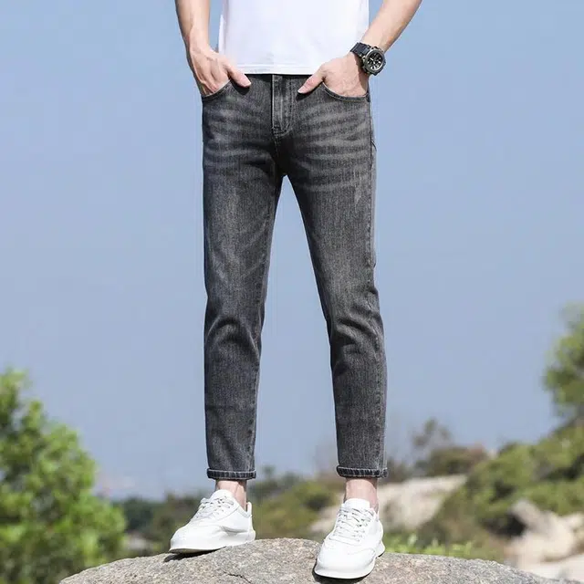 羽浅 弹力小直角休闲修身九分潮牌牛仔裤 男女同款 烟灰色