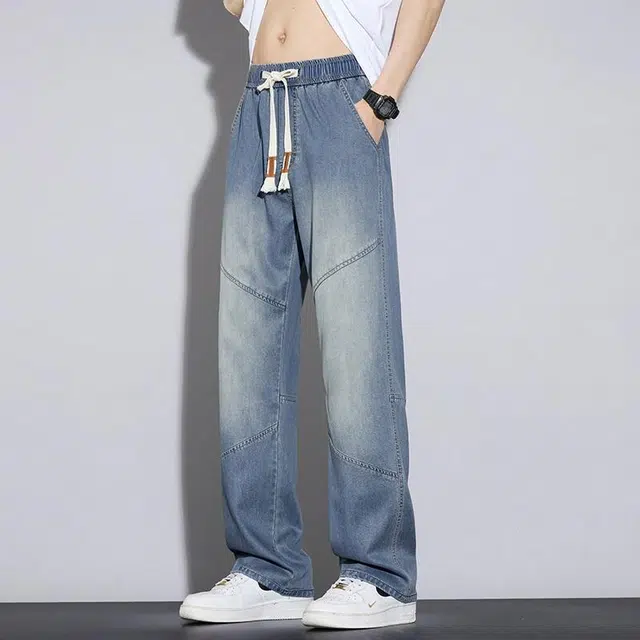协协乐 薄款美式宽松直筒阔腿冰丝休闲牛仔裤 男款
