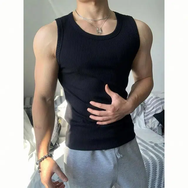 臣目 白色粗螺纹坎肩修身美式健身运动汗衫无袖夏季背心 男女同款