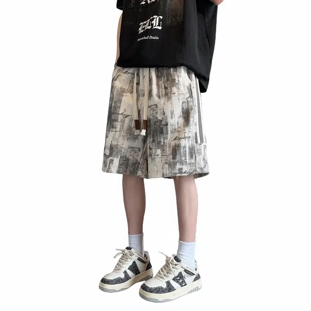 哲源 美式复古高街时尚扎染潮牌小众大码口袋设计宽松简约速干抽绳系带薄款垂感中腰百搭运动五分裤休闲短裤 男女同款