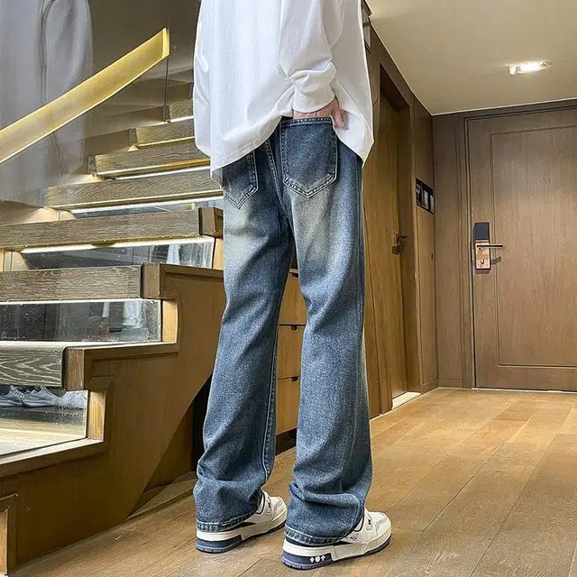 快鱼 美式微喇高街风水洗复古做旧潮流百搭宽松纯色磨白简约基础中腰系带垂感阔腿拖地直筒休闲牛仔裤 男女同款