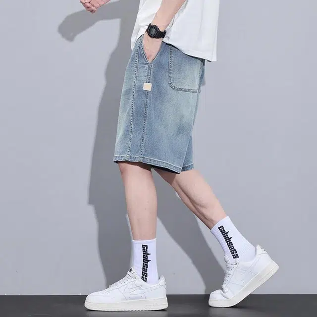协协乐 薄款美式潮牌宽松直筒休闲五分牛仔短裤 男款