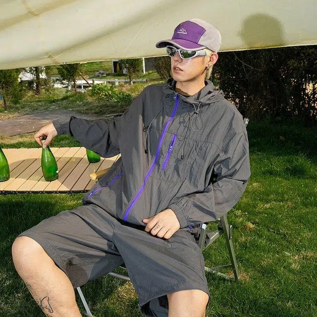 加荣 凉感速干冰丝男夏季薄款宽松情侣防晒衣户外山系机能风两件套帅气潮流男生搭配一套青少年设计感连帽衬衫休闲运动套装 男女同款