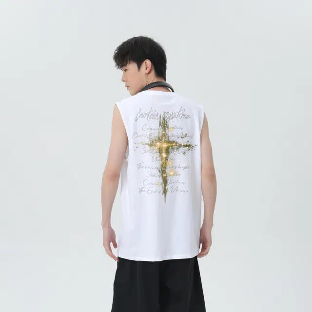 宜而爽 美式高街复古嘻哈创意星空十字架图案字母印花宽松休闲舒适透气圆领套头无袖坎肩百搭背心 男女同款