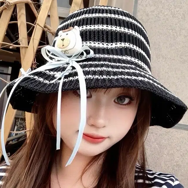 玄唐 拉菲草编甜美可爱蝴蝶结小熊条纹太阳帽春夏季户外出游防晒遮阳透气百搭显脸小草帽盆帽 腈纶 渔夫帽 男女同款情侣款