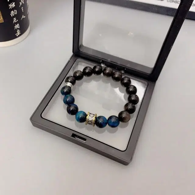 永恒旋律 招财纳福 蓝虎眼石转运圆珠串 新中式国风小众个性时尚简约高级设计 复古氛围感日常通勤精致百搭 精美礼盒好运 黑曜石 手串 男款