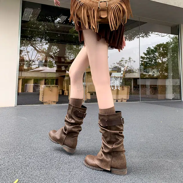 蓉城鞋王 牛皮 复古褶皱皮带扣 圆头内增高 短靴 女款