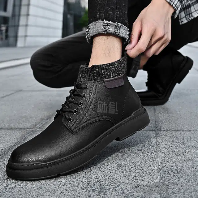 依米奴 牛皮 秋冬靴子男款 经典复古 百搭潮流时尚工装出行 保暖耐磨  短筒 马丁靴