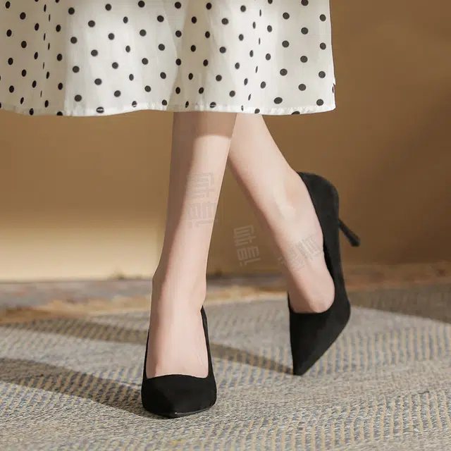 敦奴 牛皮 气质通勤尖头浅口仙女 细跟 高跟鞋 女款 黑色