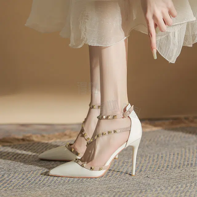 敦奴 牛皮 铆钉百搭性感时尚 细跟 高跟鞋 女