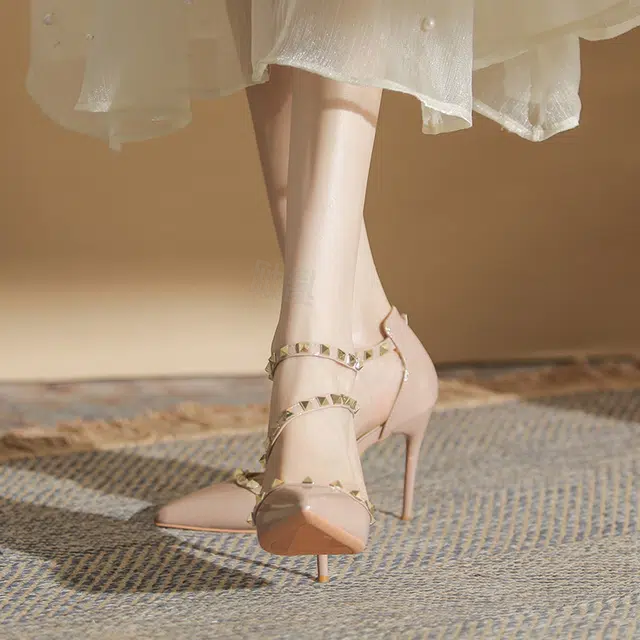 敦奴 牛皮 铆钉百搭性感时尚 细跟 高跟鞋 女