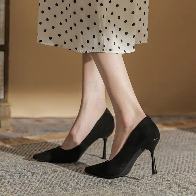 敦奴 牛皮 气质通勤尖头浅口仙女 细跟 高跟鞋 女款 黑色