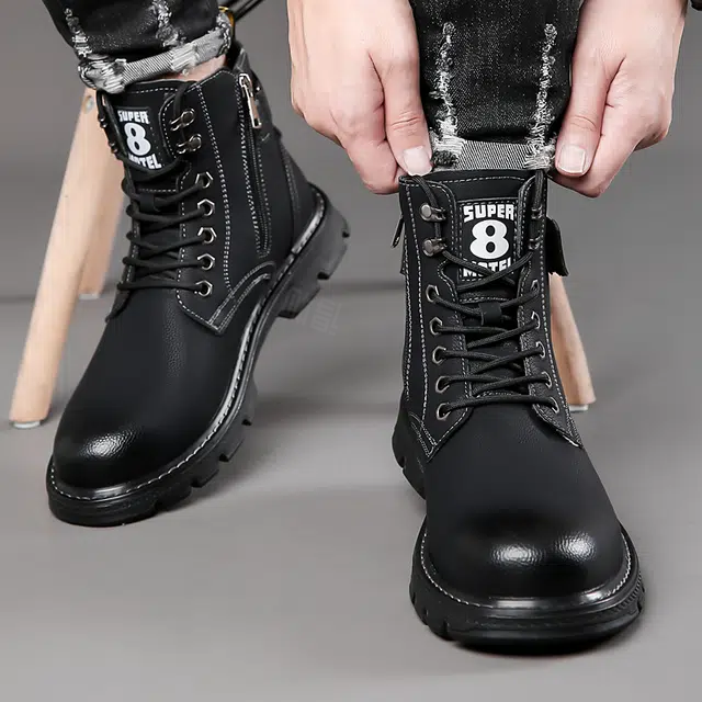 依米奴 高颜值 冬日 降温保暖 工装户外 时尚潮流 舒适 经典复古 真皮质感 雅痞年轻 个性帅气 增高显瘦 马丁靴 男款 黑色