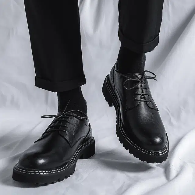 二层牛皮 舒适厚底防滑百搭时尚潮流 男士休闲鞋 男款 经典黑色