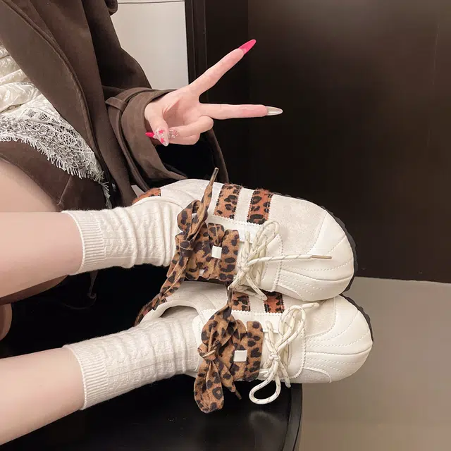 超纤皮 复古豹纹拼色丑萌内增高百搭运动鞋 女士休闲单鞋 女款
