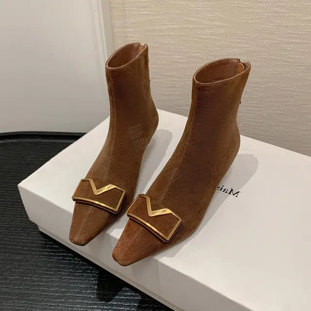 绒面 轻奢风真皮小方头金属扣猫跟瘦瘦气质百搭踝法式 短筒 马丁靴 女款