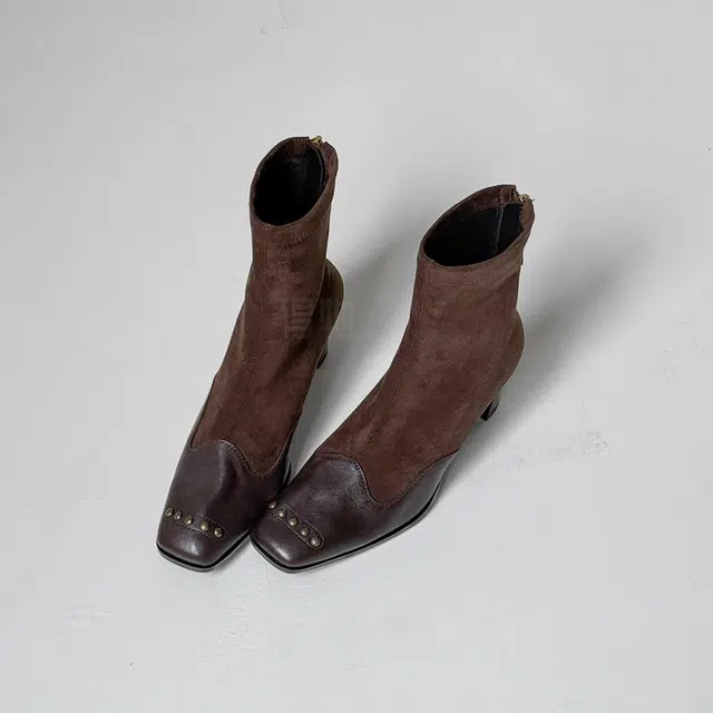 羊皮革 法式复古粗跟方头弹力瘦瘦靴 短筒 马丁靴 女