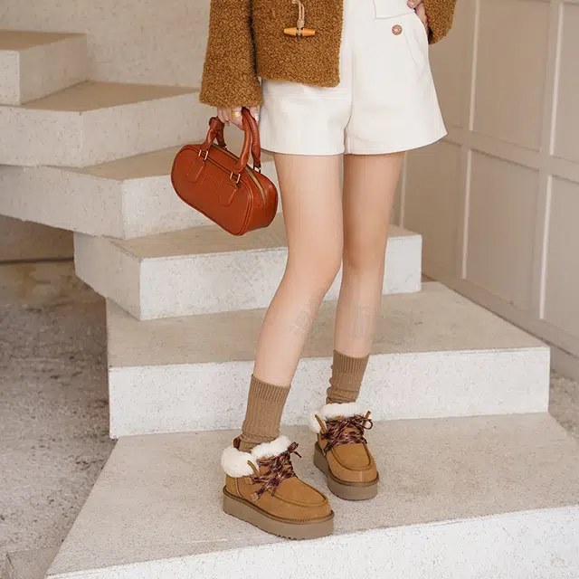 牛反绒 保暖增高防滑 休闲时尚简约系带舒适 短筒 雪地靴 女款 栗色