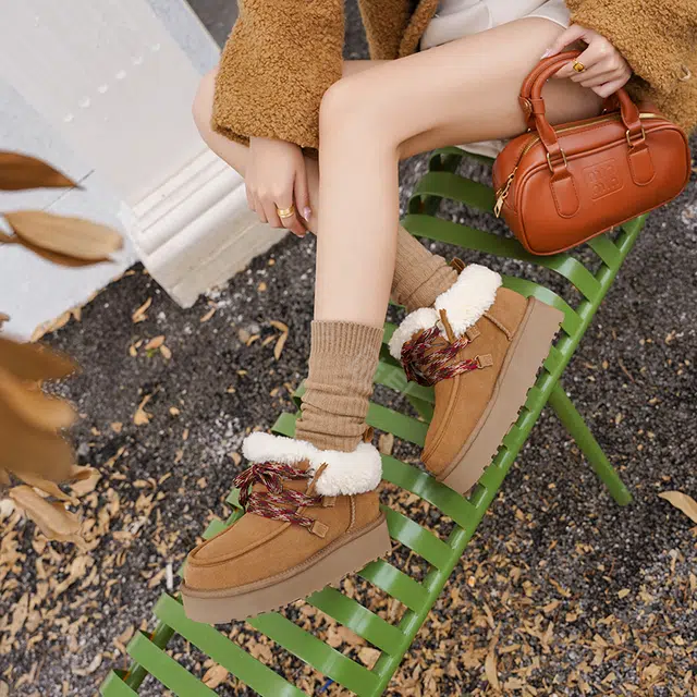 牛反绒 保暖增高防滑 休闲时尚简约系带舒适 短筒 雪地靴 女款 栗色