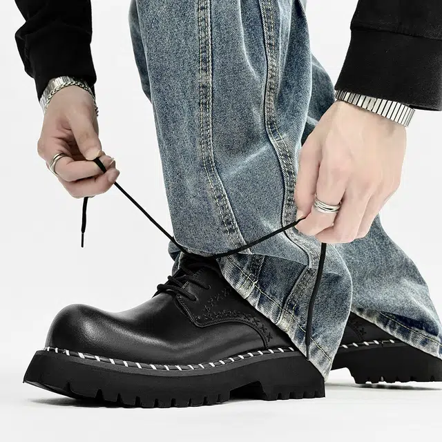 超纤皮 复古小众英伦风厚底时尚百搭设计感 休闲鞋 男款 黑色
