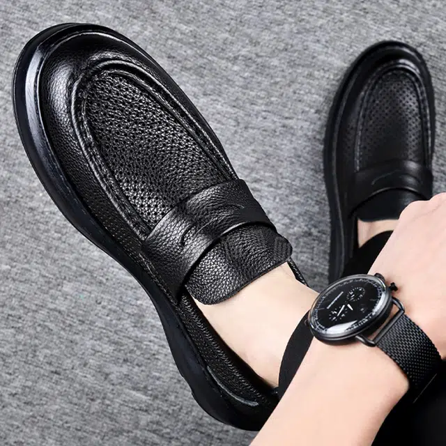 头层牛皮牛皮革 商务通勤必备一脚蹬镂空透气鞋款 时尚鞋履 男款 经典黑色