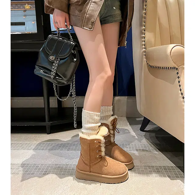 皮毛一体百搭通勤潮流时尚保暖 短中筒 雪地靴 女 栗色