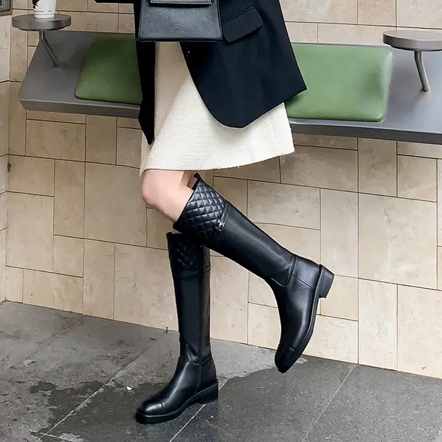 复古时尚百搭通勤休闲显瘦气质小香风骑士靴 高筒靴 女款 经典黑色