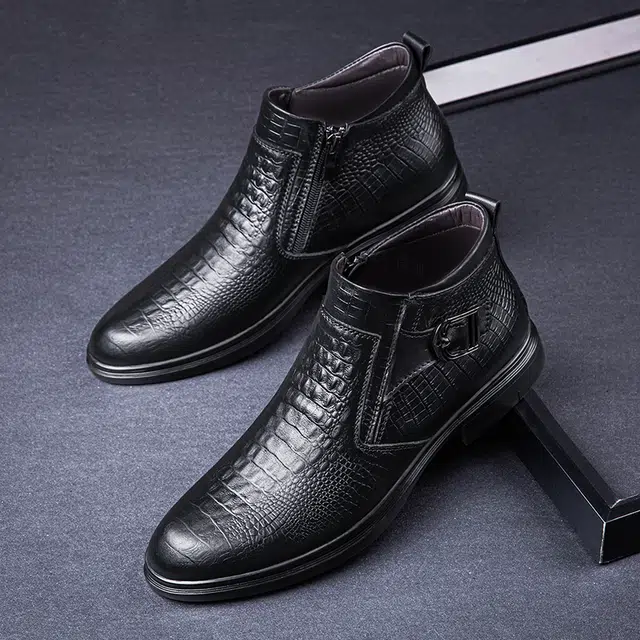 头层牛皮 经典商务时尚潮流加绒保暖鳄鱼纹皮面百搭显瘦增高 短靴 男款 黑色